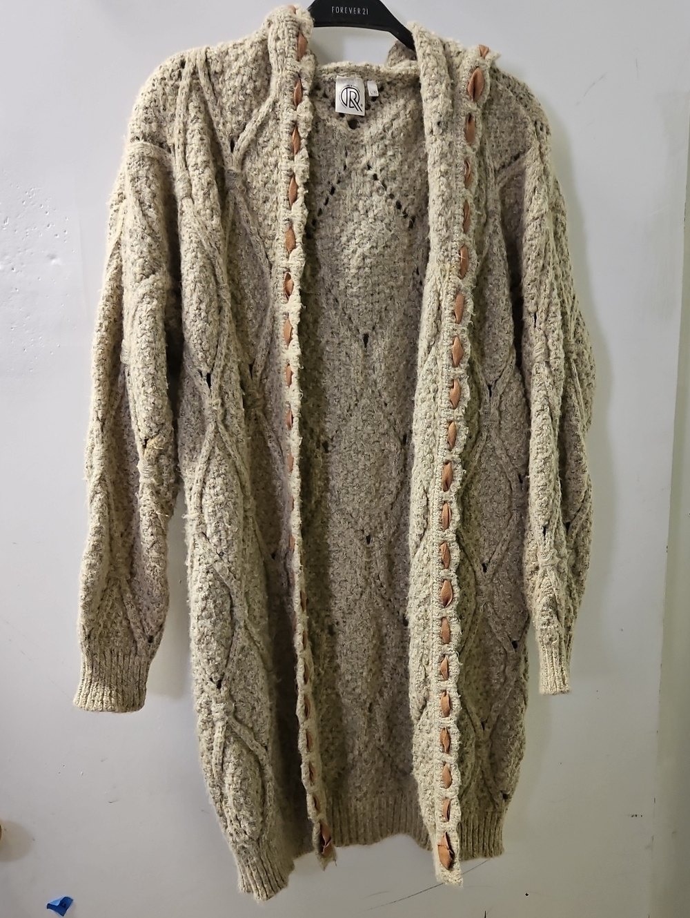 ORIGINAL USA Open-Front Cable Knit Cardigan with Lace-Up Trim - Cream